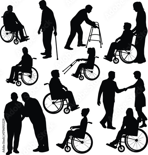 Silhouettes of disabled people with wheelchairs, caregivers assisting, mobility support, rehabilitation concept, medical care, inclusion illustration
