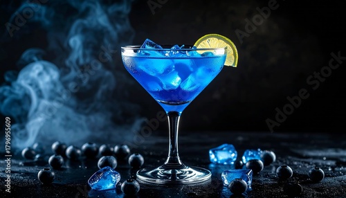 Here’s a sleek, vibrant blue cocktail served in a martini glass, garnished with a lemon slice. 