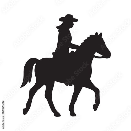 Silhouette of a woman wearing a cowboy hat riding a horse at a trot against a white background