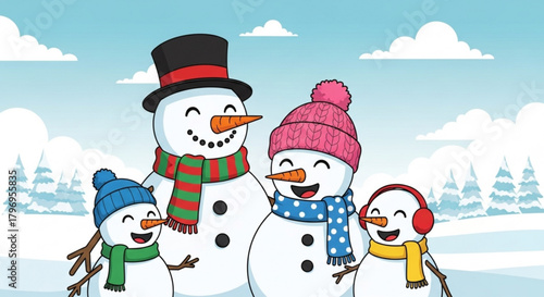 Adorable snowman family having fun in winter wonderland, winter holiday spirit, cheerful snowmen with smiles, snowy scene, family fun, joyful celebration