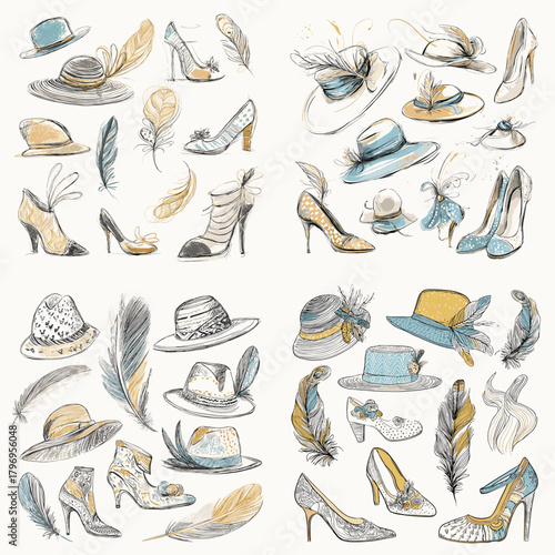 Fashion accessories sketch set featuring hats, high heels, and feather details in teal, gold, and gray. Elegant millinery and footwear elements for stylish design projects.