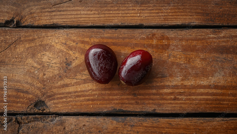 Obraz premium Two ripe garnet placed on a weathered wooden surface, a fiber-dense choice