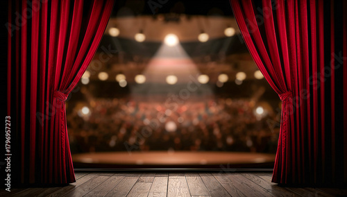Wallpaper Mural Red theater curtains open to reveal a stage and audience, ready for a performance Torontodigital.ca