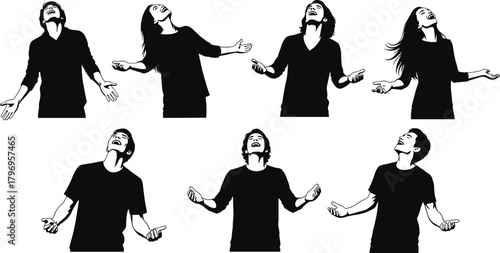 Silhouette exultation gesture cartoon illustration, symbolic emotional posture and expressive body language artwork for design and education