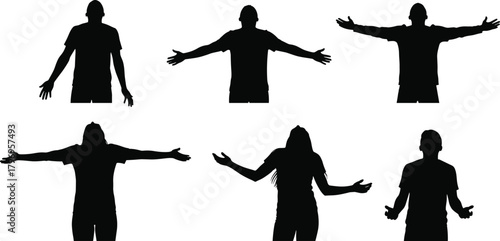 Silhouette gesture icons cartoon illustration, symbolic body language poses and expressive presentation artwork for design and education