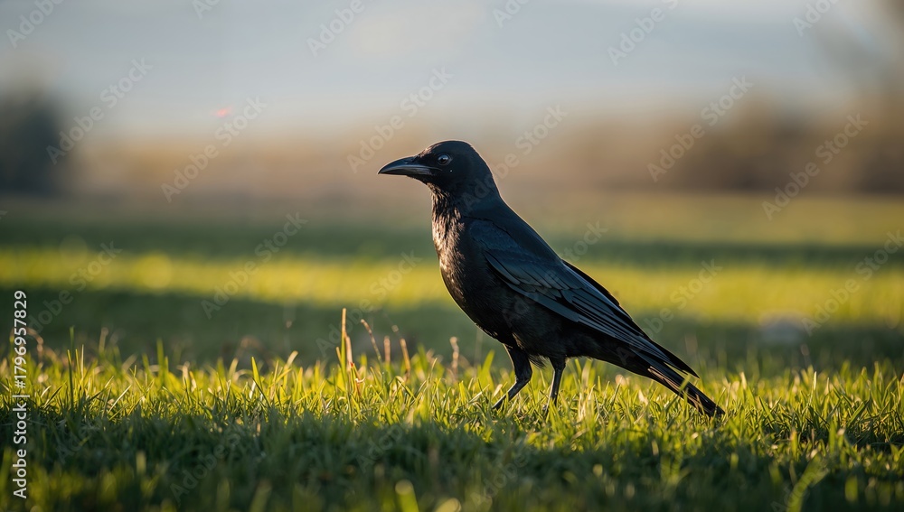 Obraz premium Sunlit rook perched on grass, observing its surroundings, seasonal change