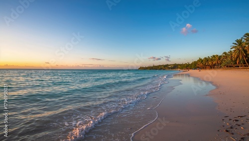 Fototapeta Naklejka Na Ścianę i Meble -  Sunrise over the beach, Caribbean coastal view, natural beauty and tranquility