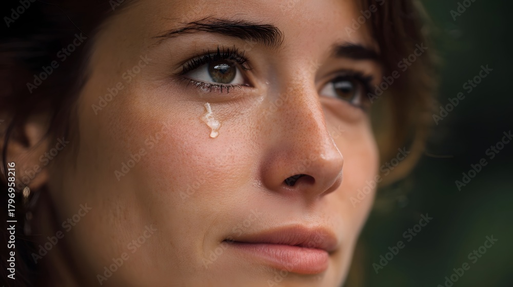 Fototapeta premium A woman s face in close up as a single tear rolls down her cheek conveying deep sadness and emotion
