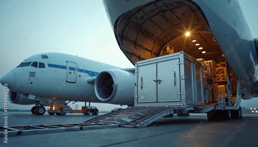 Fototapeta premium Cargo container loaded onto large airplane on tarmac. Air freight logistics for valuable goods and global transport. Secure delivery of shipments.