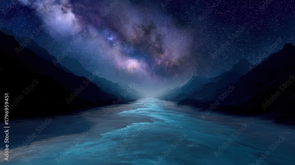 Fototapeta premium Tranquil Night Sky Over Serene River with Starry Universe Reflection