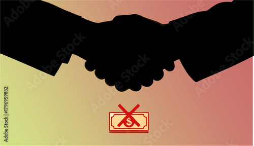 Conceptual illustration of a deal without money, showing a handshake silhouette and a forbidden currency icon, symbolizing integrity