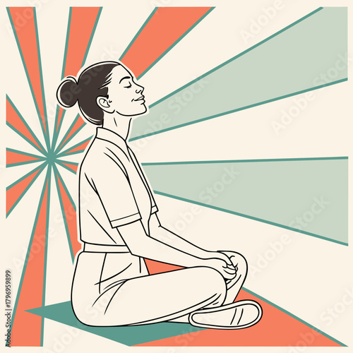 Woman practicing mindfulness meditation for mental health and well being art |editable svg