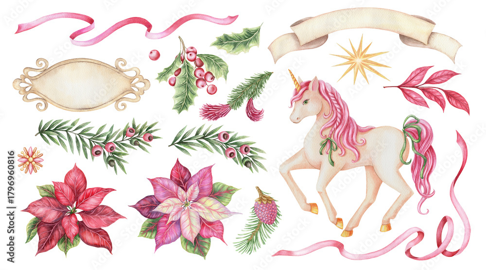 Φωτογραφία Magic Christmas set of unicorn with poinsettia and festive plants