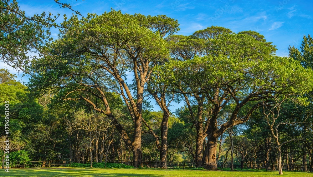 Obraz premium Lush tree canopies under a clear blue sky