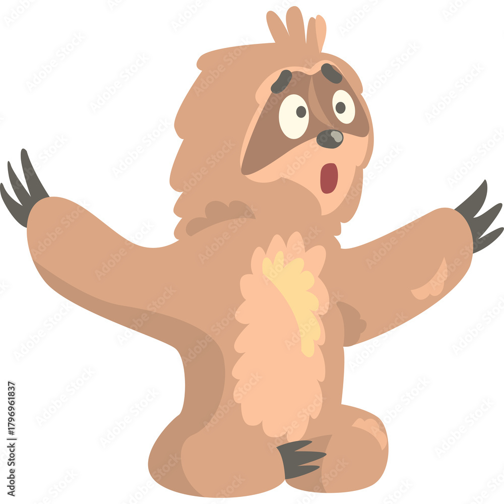 Naklejka premium Surprised Cartoon Sloth With Open Mouth And Wide Eyes Standing With Arms Outstretched On Transparent Background