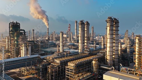 Aerial shot of an oil refinery and chemical plant industrial complex with smoke stacks emitting smoke, causing air pollution.