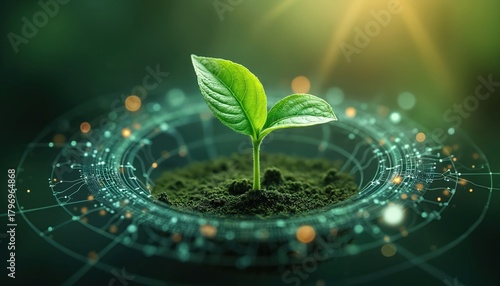 Green plant sprout grows from soil surrounded by digital circle network. Concept shows future eco tech, bio research, AI agriculture, sustainable solutions. Growing plant connects with digital