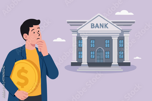deposit money in a bank vector illustration, object financial investment, cash deposit to the bank, profit in crease concept, businessman bring golden coin into bank building concept illustration