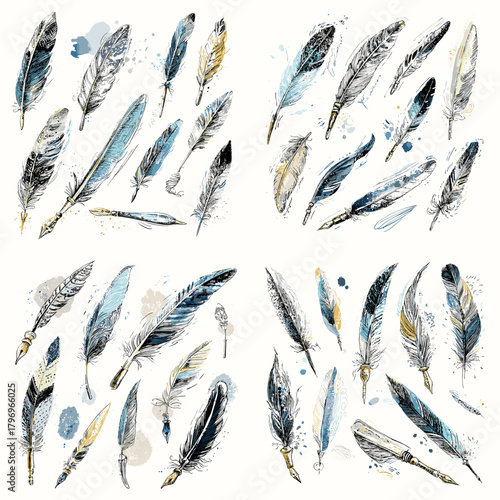 Assorted quill and feather illustrations in blue, gold, and gray with ink textures. Perfect for calligraphy themes, stationery, logos, packaging, and classic decorative patterns.