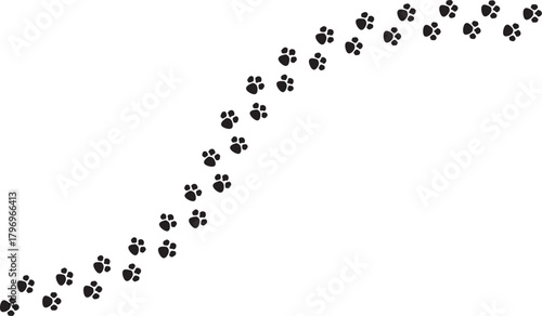 Curved animal paw print trail pattern in black on white background, ideal for pet themes, wildlife designs, playful paths, and creative tracking illustrations.