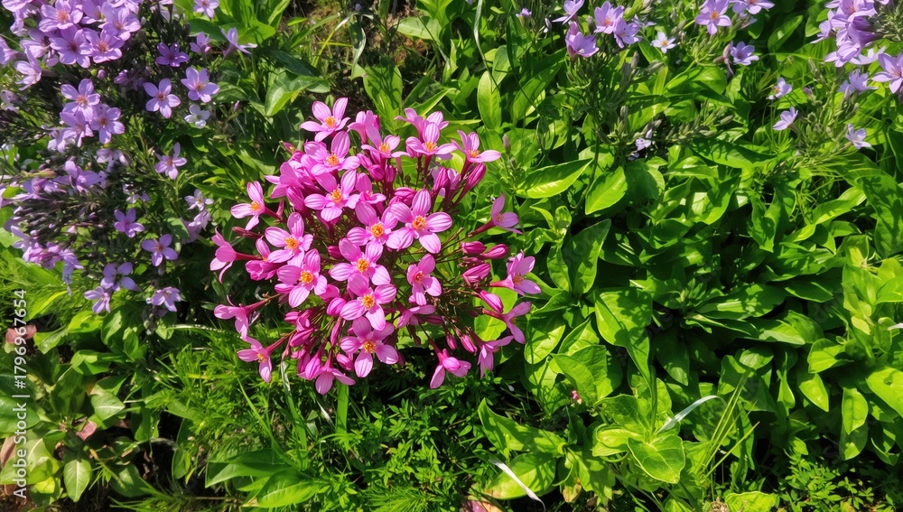 Fototapeta premium Close-up of vibrant pink and purple flowers in a lush garden, indicating careful maintenance, Earth Day