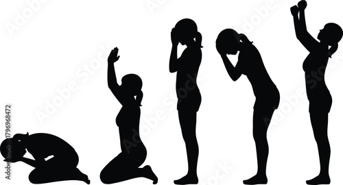 Silhouettes of woman expressing emotional distress, prayer, grief, sadness, frustration, and despair through various dramatic body poses