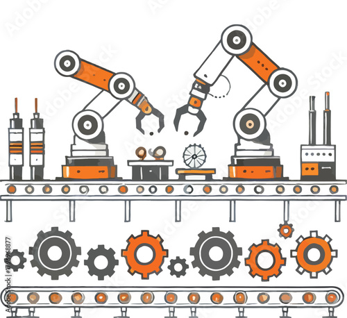 Two robotic arms assembling parts on a conveyor belt