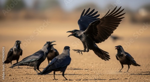 Wild black crows on dry ground, one bird flying with wings fully spread, mouth open as if squawking loudly. Other crows stand observing nearby.