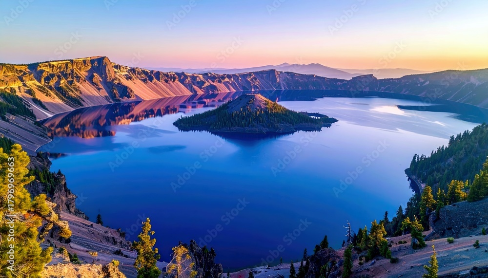 Obraz premium A serene sunrise view of Crater Lake, Oregon, showcasing the deep blue water, Wizard Island, and surrounding volcanic rim.