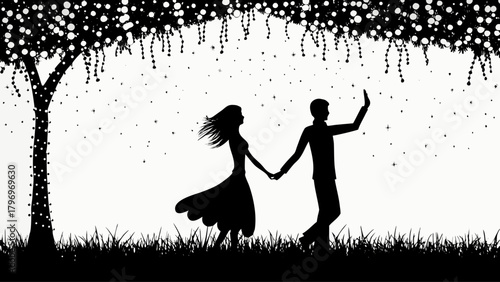 Romantic night stroll silhouette, couple holding hands under starry tree, stylish elegant design, love and connection, vector art, modern romance, magical night