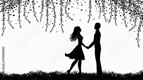 Romantic silhouette of a couple holding hands under a whimsical tree, symbolizing love, togetherness, and special moments in a timeless, elegant style