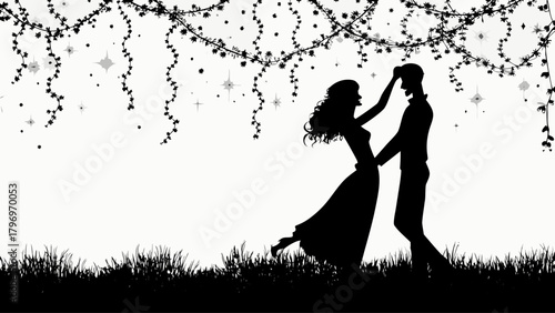 Romantic silhouette of a couple dancing under a canopy of stars and vines, celebrating love and happiness, perfect for wedding designs and romantic projects