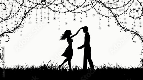 Romantic couple dancing under floral canopy, a celebration of love, perfect for weddings, anniversaries, or expressing affection, originally scalable vector graphic