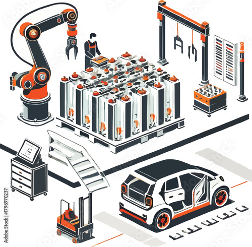 Automated car factory assembly line with robotic arm