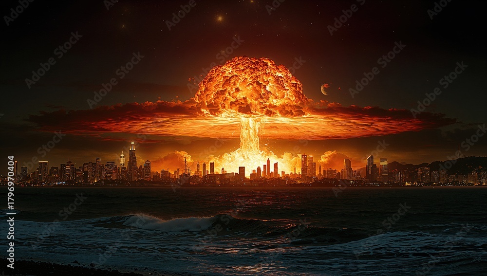 Obraz premium Nighttime nuclear explosion over coastal urban landscape, safety risks associated with nuclear energy