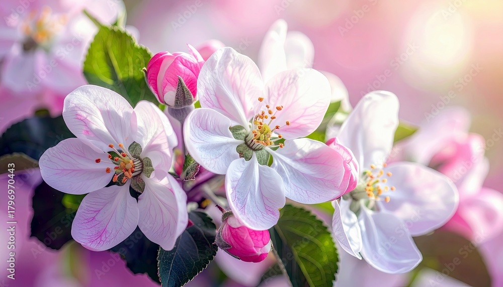 Fototapeta premium Close-up of blooming apple tree flowers with delicate pink and white petals, yellow stamens, and green leaves, set against a soft, blurred background.