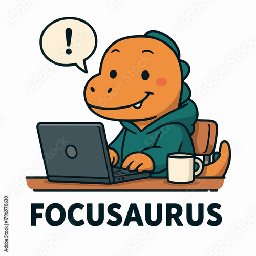 Alert Dinosaur Mascot Focusing At Laptop For Attention Management Distraction Control And Deep Work Illustration