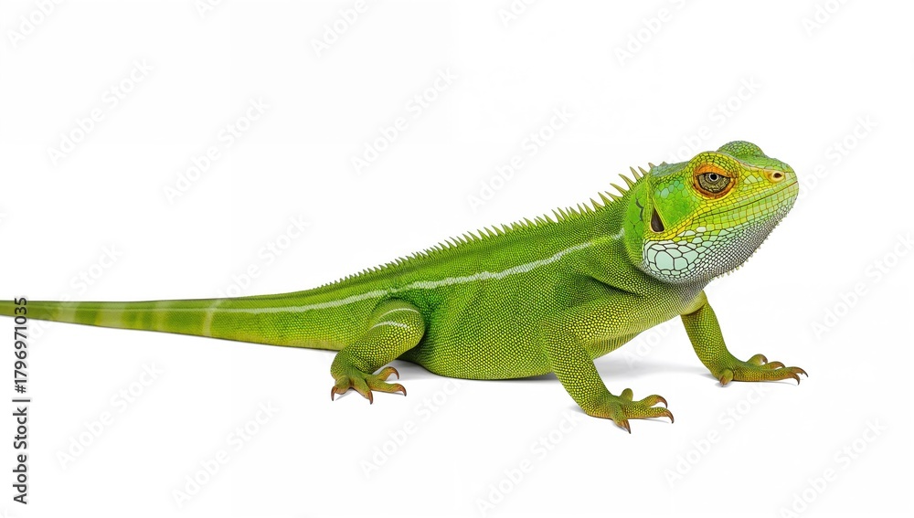 Fototapeta premium Chinese water dragon isolated on a white background, vibrant green scales, suitable for educational purposes