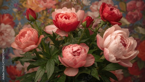 Fototapeta Naklejka Na Ścianę i Meble -  Roses and peonies in a vibrant garden setting, ideal for floral-themed projects