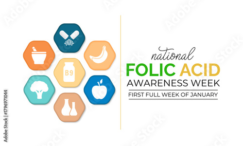 National Folic Acid Awareness Week graphic featuring vitamin B9 icons, medical symbols, and bold text promoting health education and nutrient importance. Banner poster, flyer and background design.