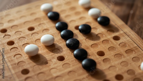 Close-up view of a board game featuring contrasting black and white stones, strategic gameplay focus