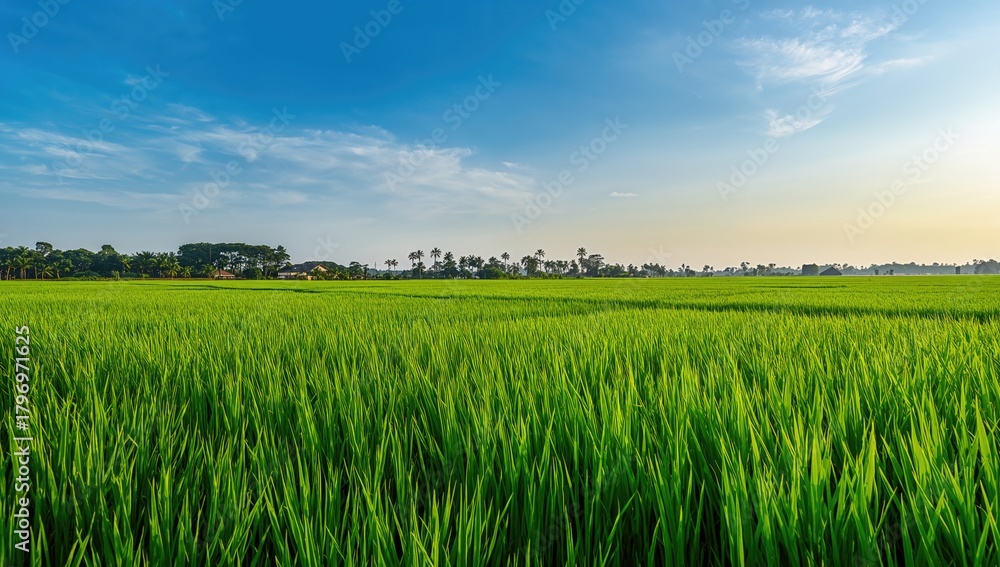 Fototapeta premium The vast green rice fields serve as a tranquil backdrop, agricultural landscape, seasonal change