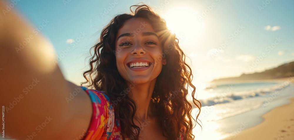 Fototapeta premium Attractive girl takes selfie on sunny beach. Woman with curly hair smiles in front of tropical sea. Happy lady enjoys vacation, shares vacation content on social media. Content creator, influencer.