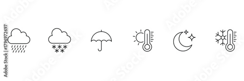 Weather forecast line icon set. Rainy, storm, snow, cloudy, windy, day, night, summer, winter, black, flat vector. set weather climate clouds sun temperature. Weather icon set.