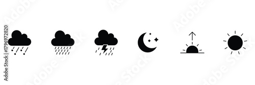 Weather forecast solid icons. Rainy, storm, snow, cloudy, windy, day, night, summer, winter, black, flat vector. set weather climate clouds sun temperature.