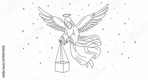 Line Art Depiction of an Angel Carrying a Gift.