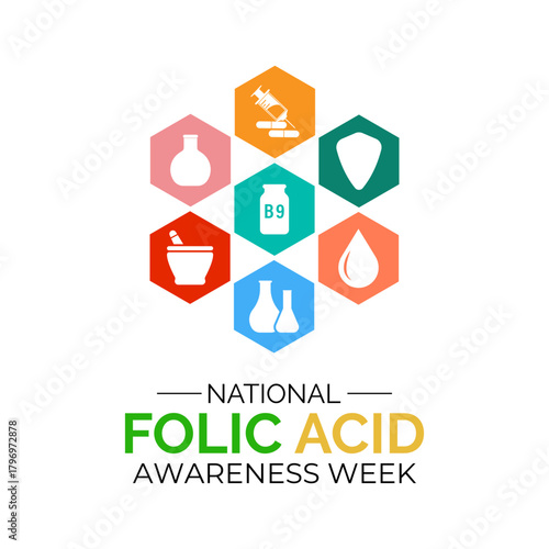 National Folic Acid Awareness Week graphic featuring vitamin B9 icons, medical symbols, and bold text promoting health education and nutrient importance. Banner poster, flyer and background design.