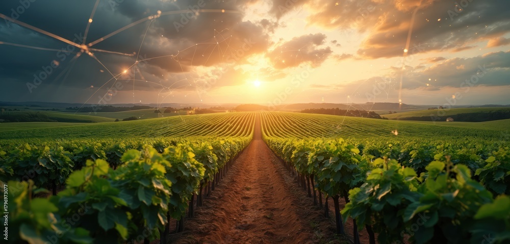 Fototapeta premium Rows of green plants in vineyard at sunset. Digital network connections overlay agricultural field. Modern farming technology concept. Precision agriculture with connected nodes, lines. Future of