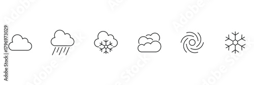 Weather forecast line icon set. Rainy, storm, snow, cloudy, windy, day, night, summer, winter, black, flat vector. set weather climate clouds sun temperature. Weather icon set.