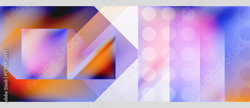 Abstract composition. Geometric shapes overlap, creating vibrant color blends. Soft gradients, translucent layers, modern design elements.